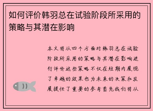 如何评价韩羽总在试验阶段所采用的策略与其潜在影响